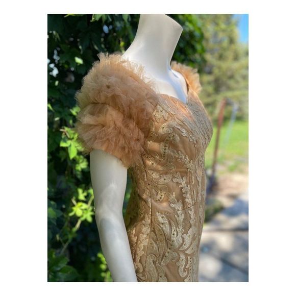 Gold Lace Mermaid Formal Dress Hand Tailored Ruffle Short Sleeve - Picture 11 of 12